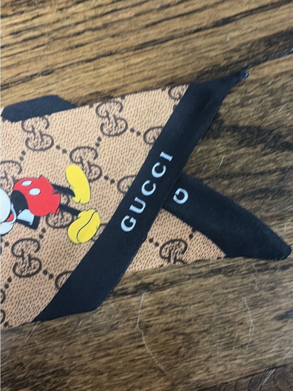 Gucci Brown Monogram Mickey Mouse Silk Scarf with Black Trim